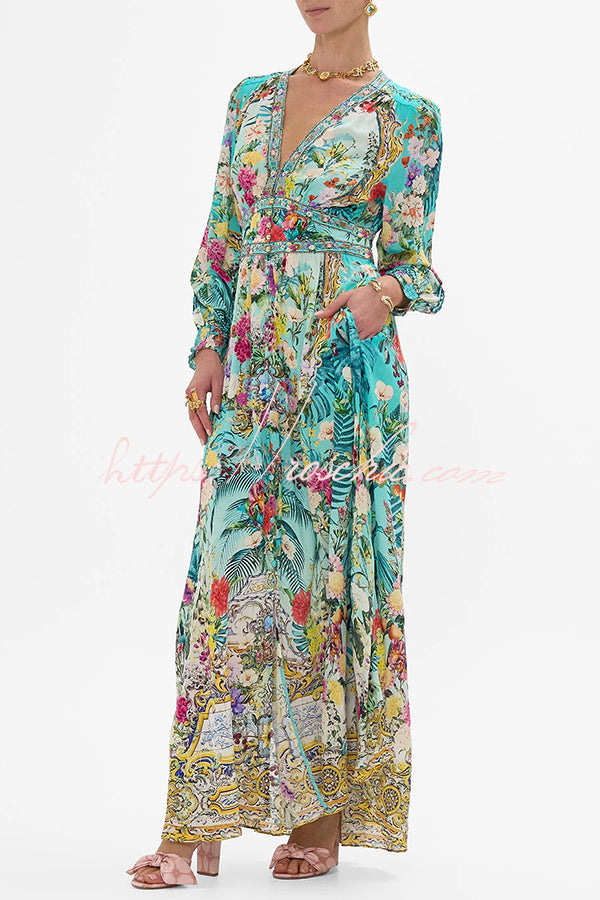 Fairy Tale Print V-neck Lantern Sleeve Waist Maxi Dress