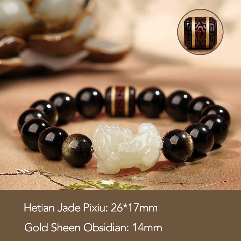 Buddha Stones Natural Gold Sheen Obsidian Hetian Cyan Jade White Jade Pixiu Wealth Bracelet