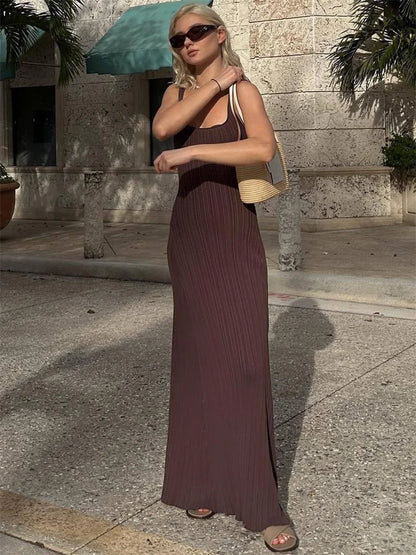 Knit Ribbed Slim Maxi Dress Female Backless Scoop Neck Party Looks Long Dress Patchwork Knitwear Dress