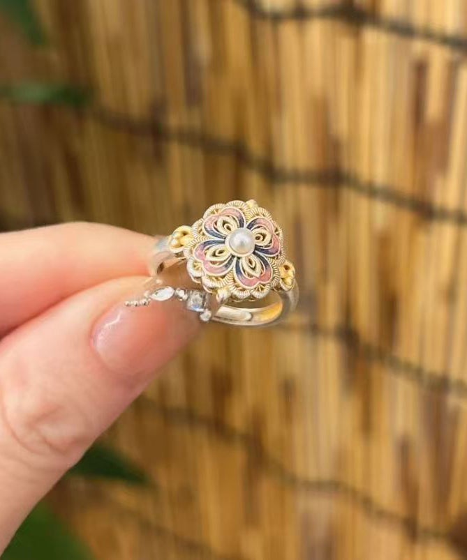 New Rainbow Alloy Enamel Pearl Rings