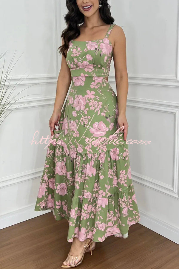 Charm Print Cutout Back Smocked Maxi Dress