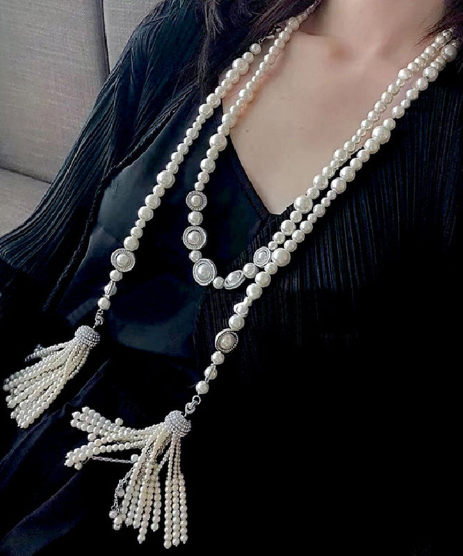 White Sterling Silver Zircon Double Layer Pearl Tassel Gratuated Bead Necklace