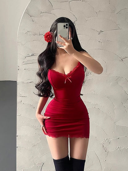 Summer Mini Dress Lace Red Camisole Sundress Sleeveless V-neck Basic Bodycon Dresses Lady Club Party Y2k Clothes