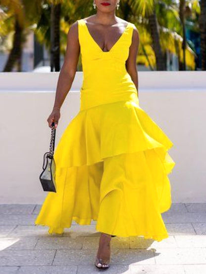 A-line Loose Color Split-joint Tiered V-neck Evening Dresses Maxi Dresses