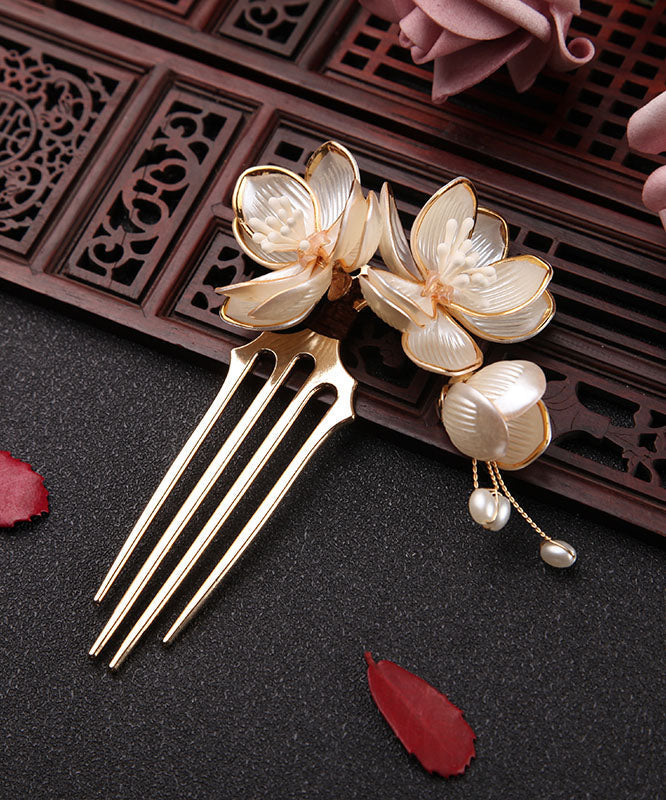 Gold a Pair Alloy Acrylic Pearl Lotus Hairpin