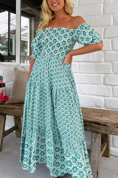 Print Off-the-shoulder Puff-sleeve Pleated Maxi Dress