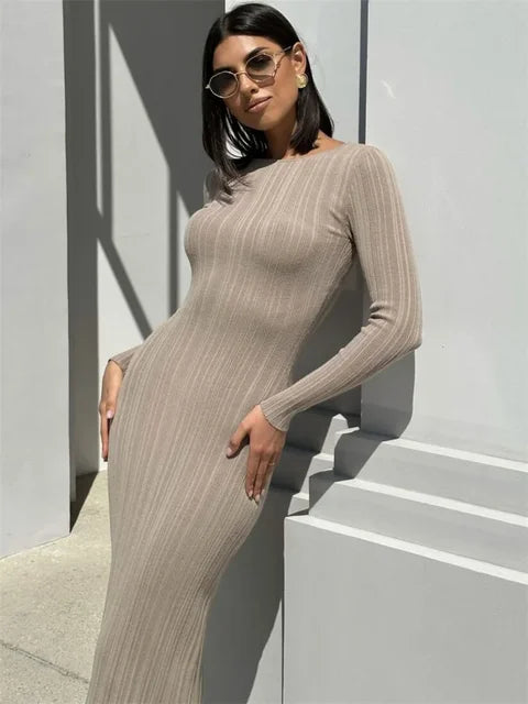 Knit Ribbed Maxi Dress High Waist Long Sleeve Patchwork Slim Party Dress Autumn Knitwear Dress