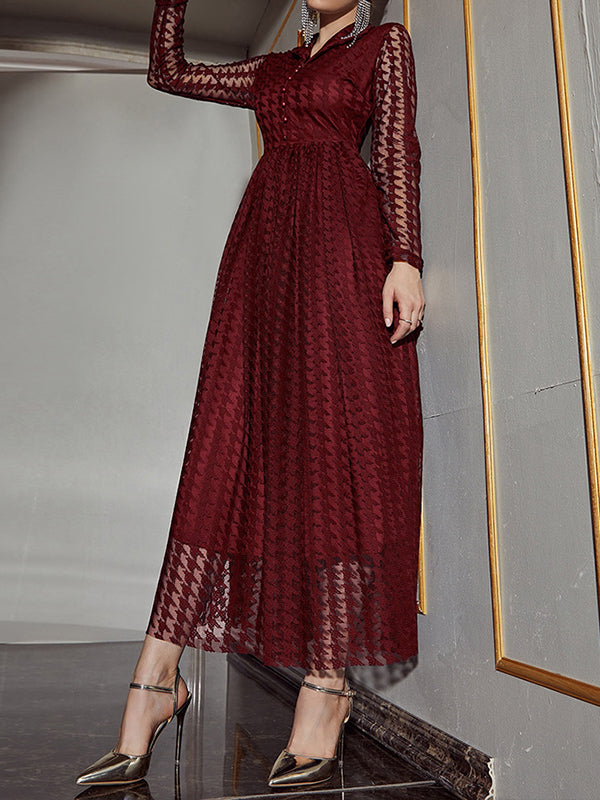 High Waisted Long Sleeves Buttoned Gauze See-through Color V-neck Maxi Dresses