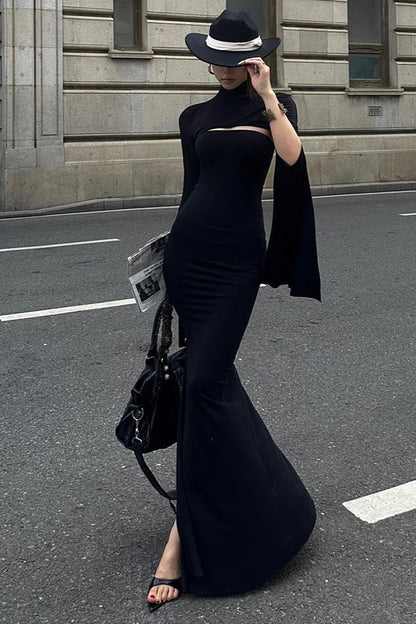 French High-end Slim Asymmetric Long-sleeve Maxi Dress