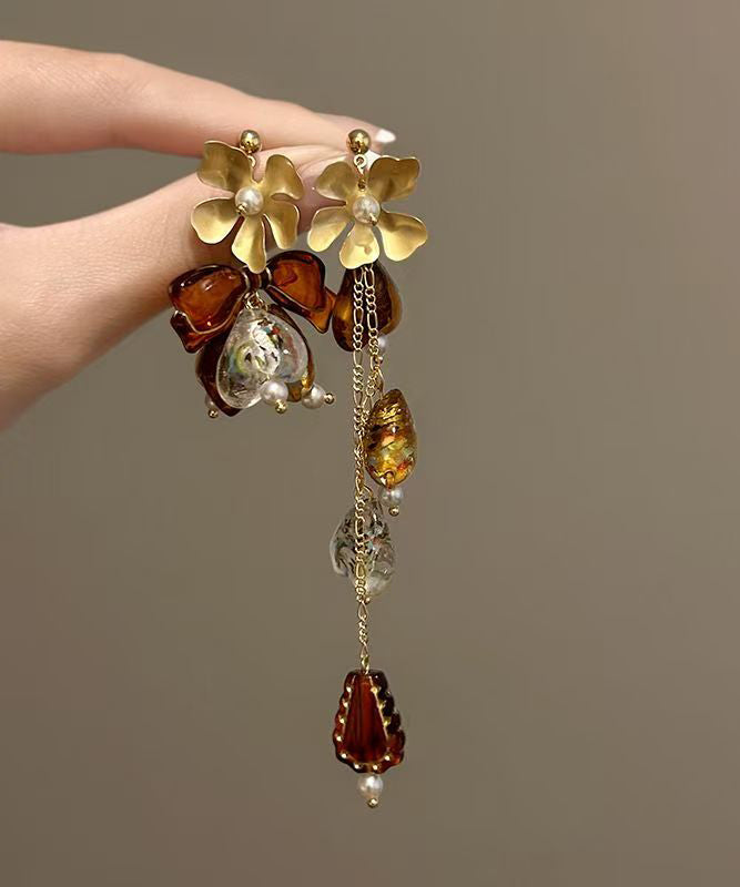 Brown Copper Overgild Zircon Asymmetrical Tassel Drop Earrings