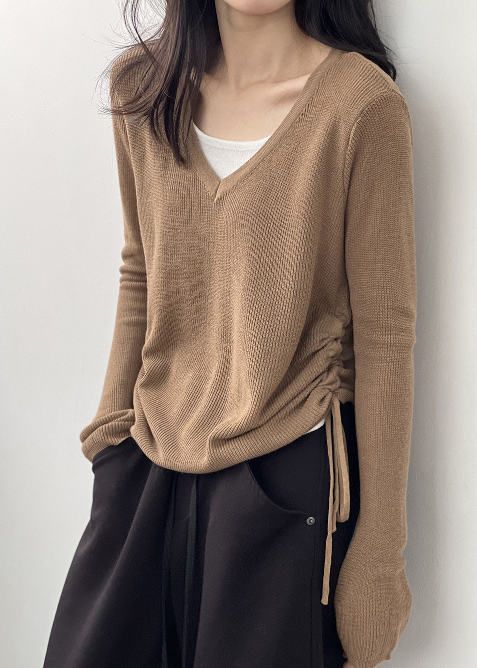 Coffee Cinched Knit Blouses V Neck Long Sleeve Af1092