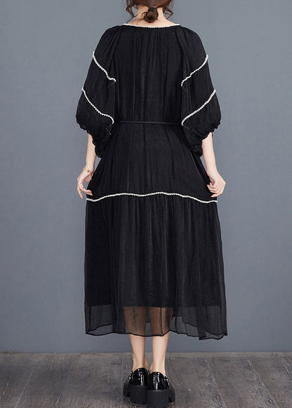 Black Nail Bead Long Dresses Half Sleeve Aj1022