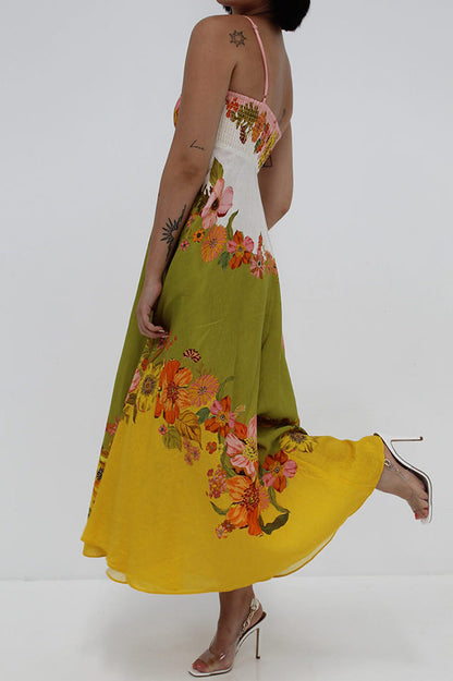 Malakai Linen Blend Contrast Print Back Smocked Pocket Maxi Dress