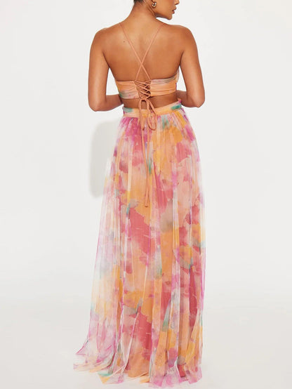 Painted Print V-neck A-line Maxi Dress