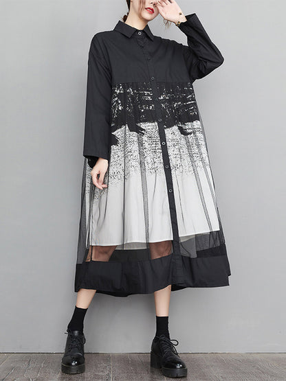 A-line Long Sleeves Buttoned Gauze Printed Split-joint Lapel Midi Dresses
