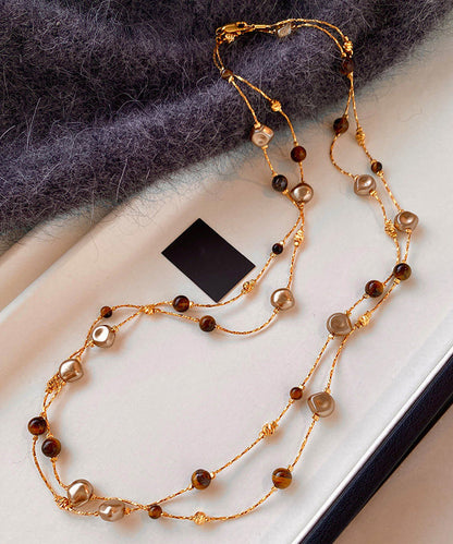 Retro Coffee Tiger's Eye Stone Double Tier Copper Long Necklace