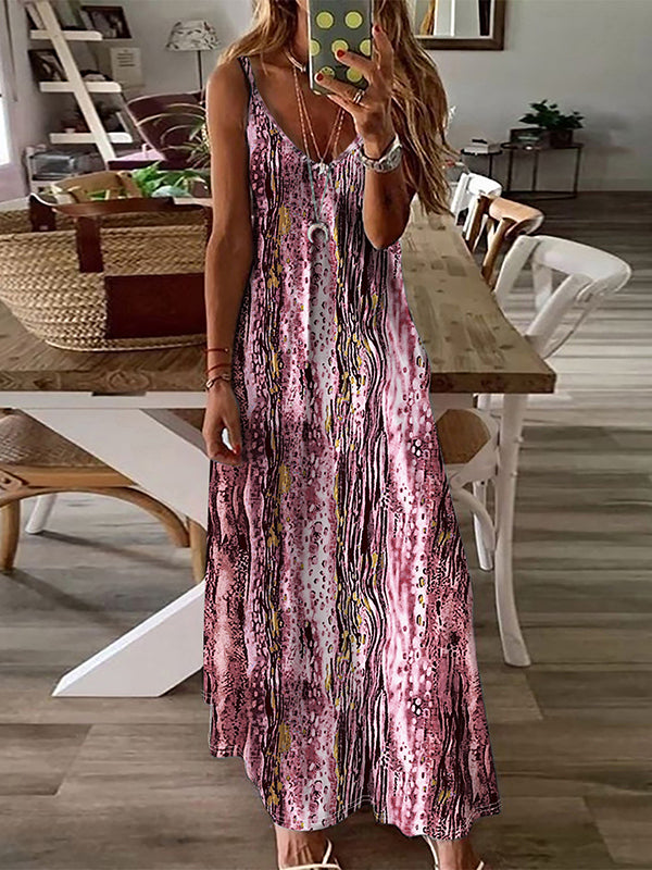 A-line Loose Printed Spaghetti-neck Maxi Dresses