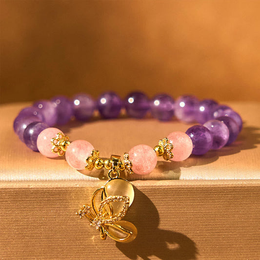 8mm Amethyst Strawberry Quartz Butterfly Charm Bracelet