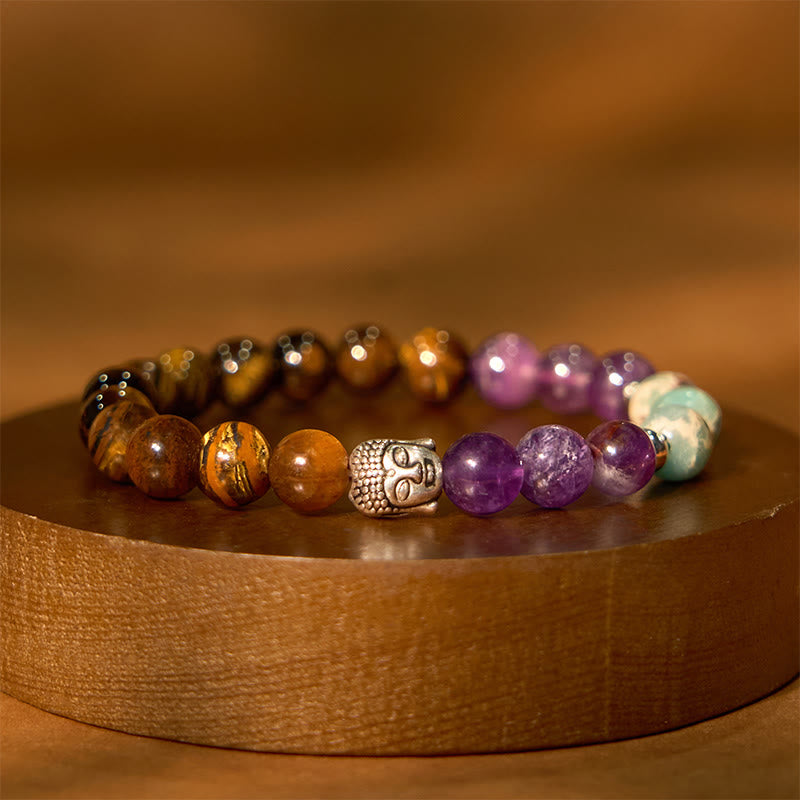 8mm Mixed Gemstone Buddha Bracelet for Protection & Balance