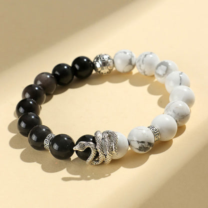 8mm Silver Sheen Obsidian White Turquoise Protection Bracelet for Snake Year