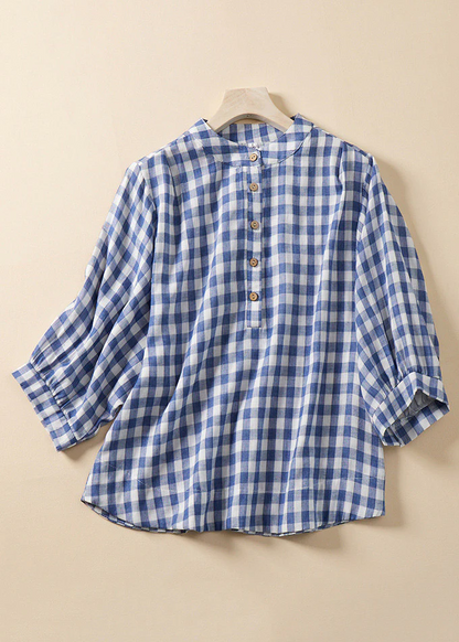 Grace Blue Plaid Stand Collar Cotton Blouses Bracelet Sleeve Qr023