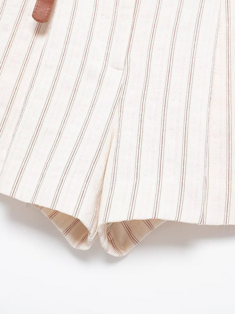 Striped Vest Waist Coat & Shorts With Belt Coord Set