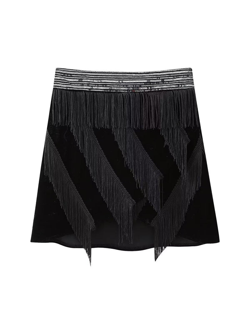Tassel Fringe Velvet Waist Coat Vest Mini Skirt Set