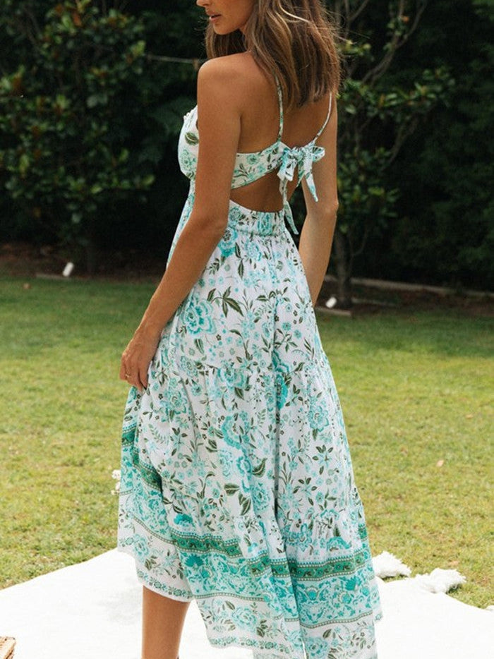 Lace Up V Neck Backless Maxi Dress