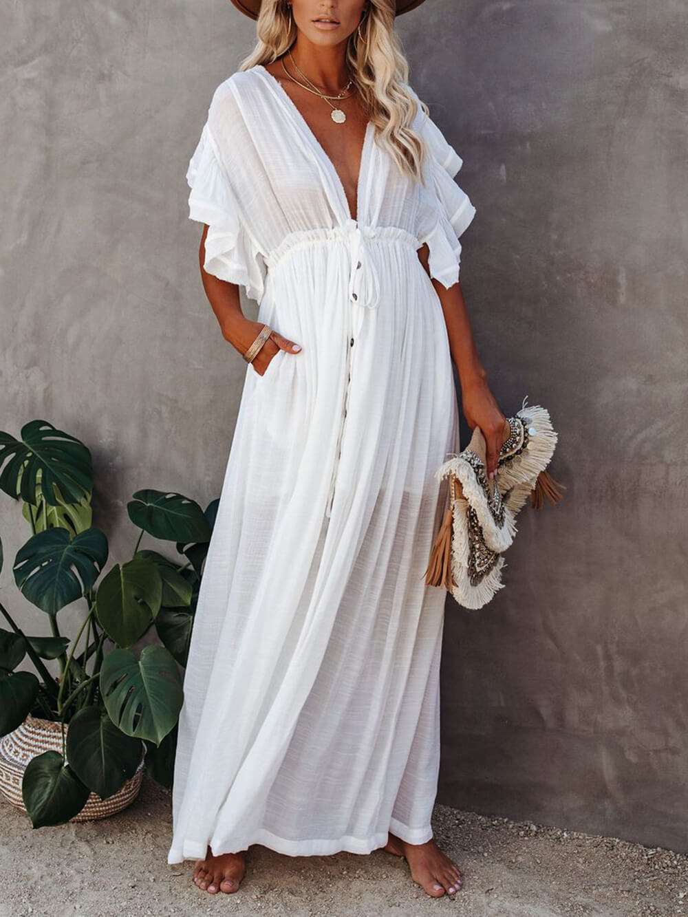 Button Cotton Linen Perfect Beach Maxi Dress