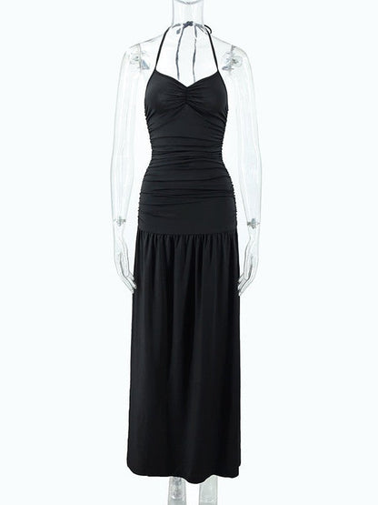 Tied Halterneck Ruched Slit Maxi Dress