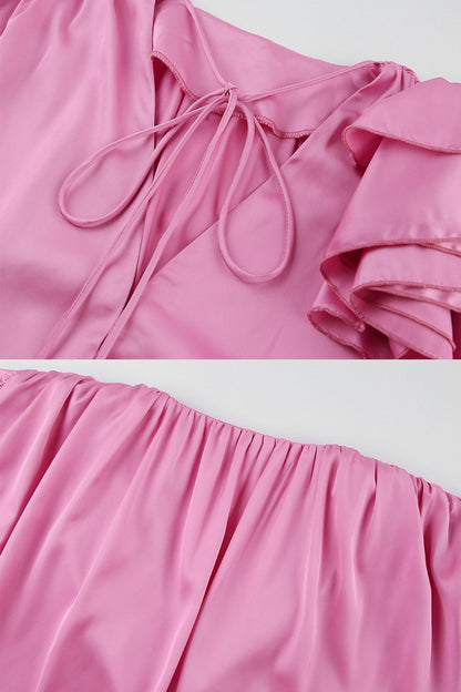 Pink V Neck Ruched Lace-up Blouse