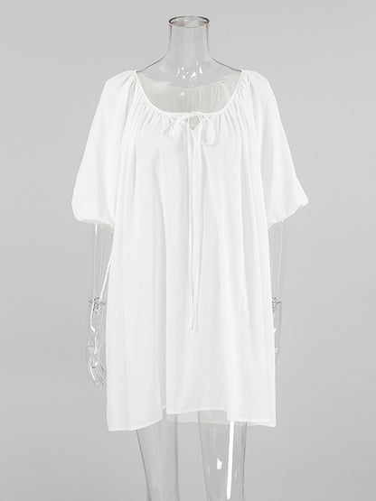 Loose Puff Sleeves Lace-up Pleated See-through Color V-neck Mini Dresses Sleep Dress