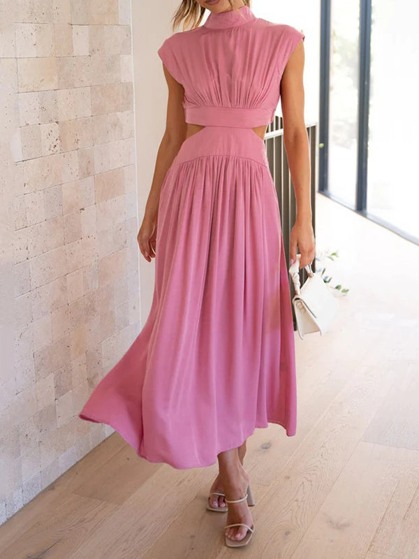 Cap Sleeve Belly-hollow Pleated Color Stand Collar Maxi Dresses