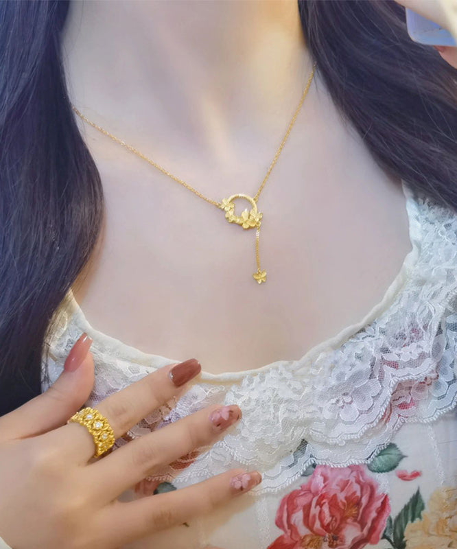 Gold Stainless Steel Butterfly Tassel Pendant Necklace