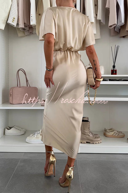 Satin Color V-neck Cross Knot Slim Maxi Dress