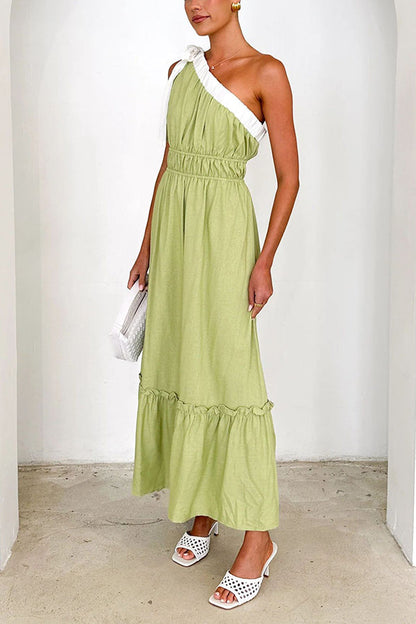 Sleeveless One Shoulder Tie Elastic Neck Pleated Maxi Dress