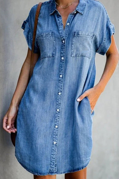 Short Sleeve Slim Denim Midi Dress