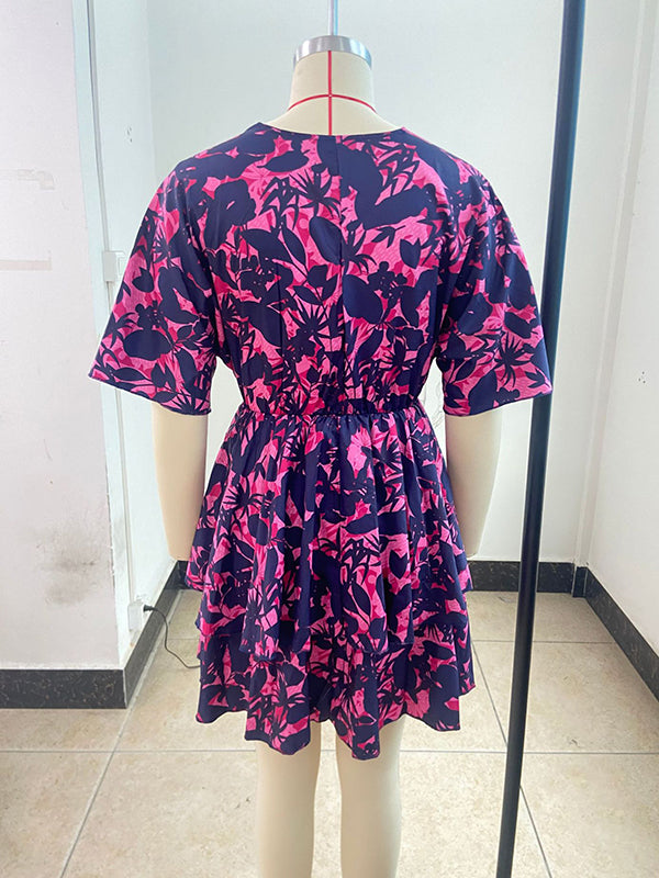 Loose Double Layered Pleated Printed Split-joint V-neck Mini Dresses