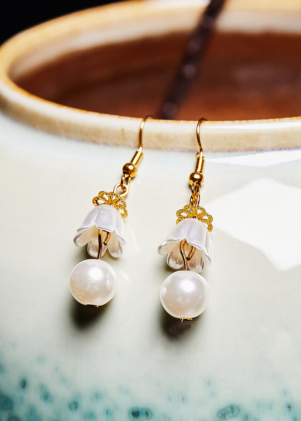 Fine White Lily of the Valley Pearl Drop Earrings