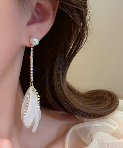 White Alloy Zircon Pearl Petal Tassel Drop Earrings