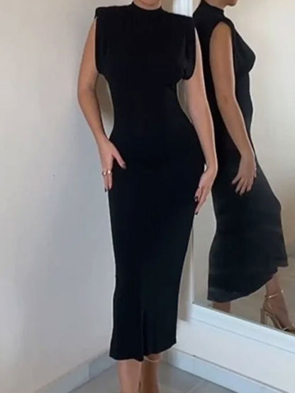 Skinny Color Zipper Mock Neck Midi Dresses
