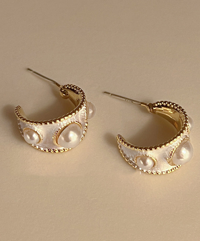 White Sterling Silver Overgild Pearl C Shaped Hoop Earrings