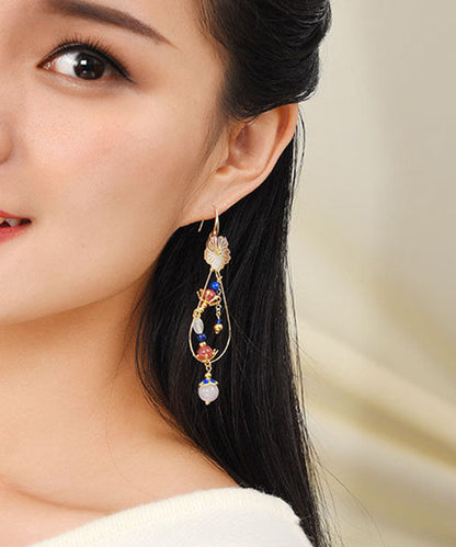 Fine Purple Crystal Shellfish Flower 14k Gold Hollow Out Drop Earrings