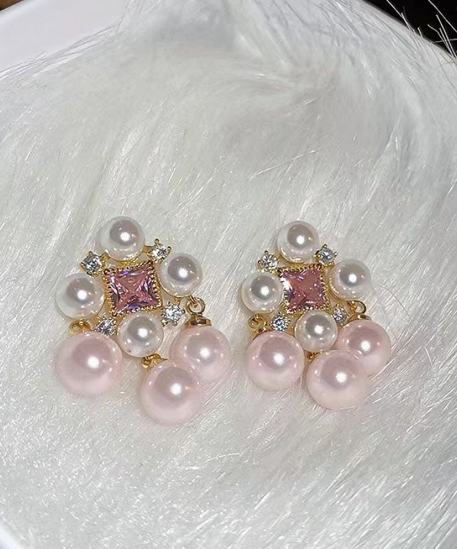 Light Pink Alloy Zircon Pearl Hollow Out Stud Earrings