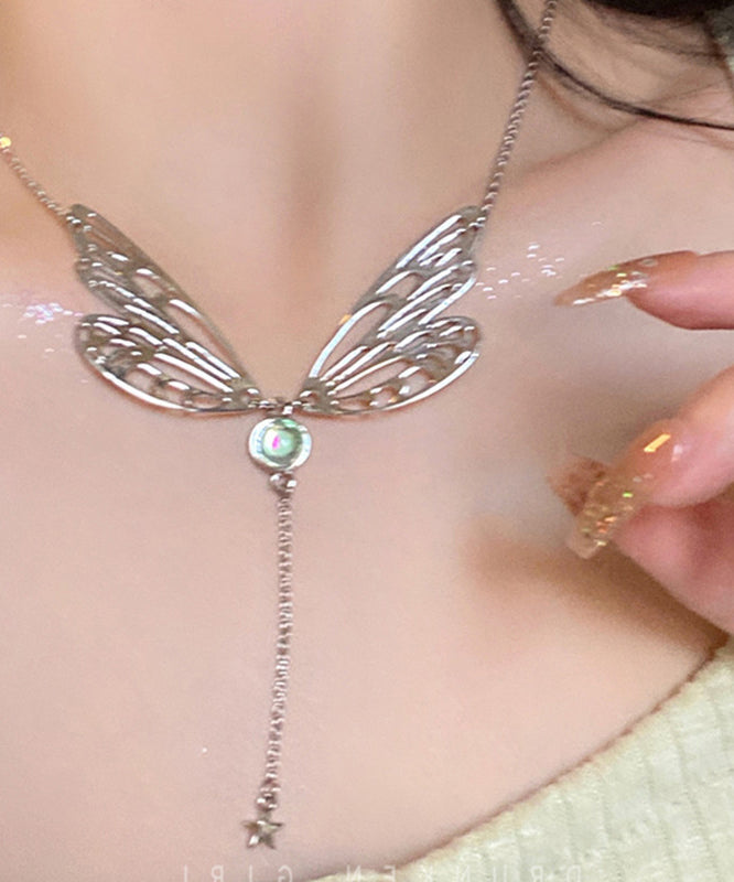 Silk Alloy Gem Stone Butterfly Wing Tassel Pendant Necklace