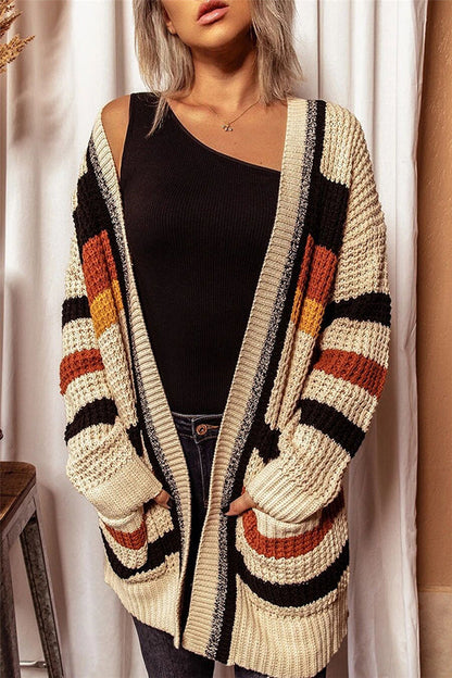 Knitted Striped Printed Loose V-neck Long-sleeved Cardigan