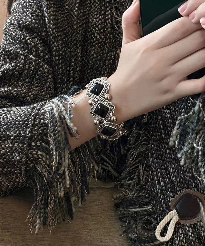 Modern Black Sterling Silver Gem Stone Two-piece Set Chain Bracelet