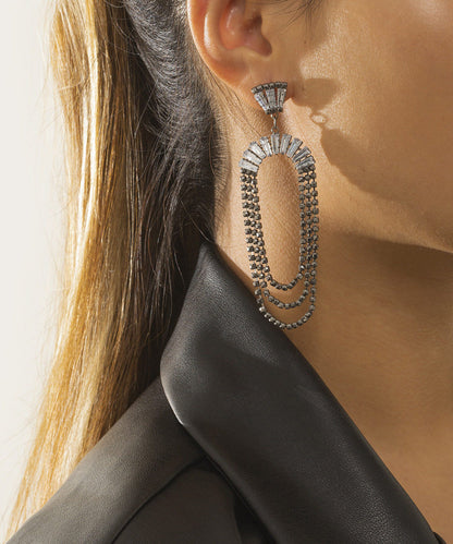 Black Alloy Zircon Sector Chain Drop Earrings