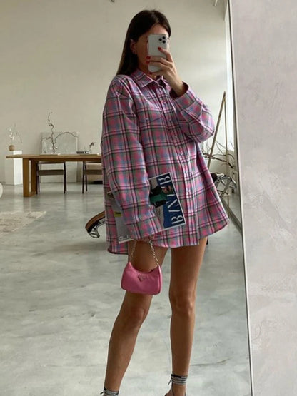 Plaid Blouse Pink Retro Loose Long Sleeve Tops Autumn Trun Down Cotton Shirts Autumn