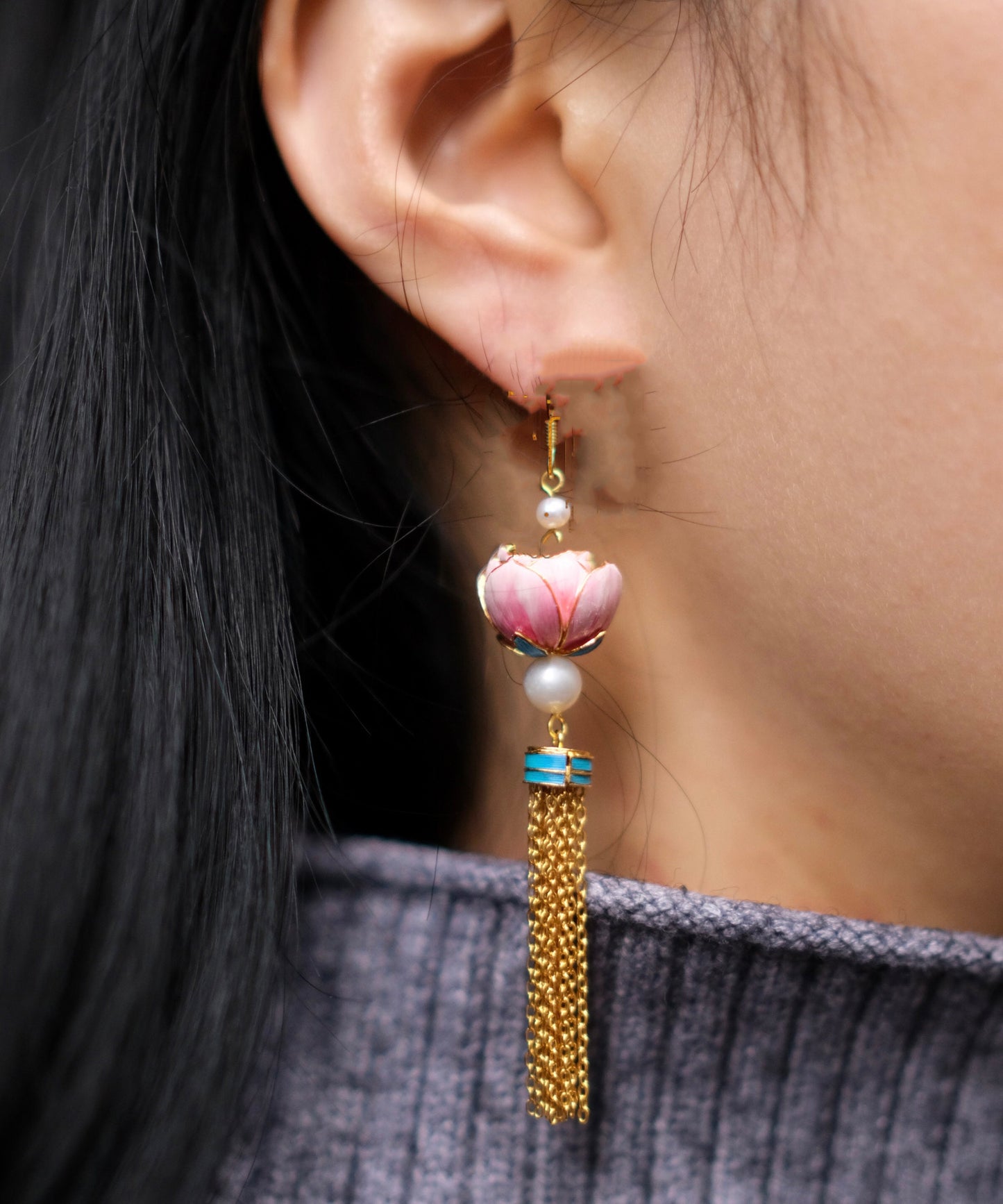 Pink Sterling Silver Overgild Feathers Inlaid Lotus Drop Earrings
